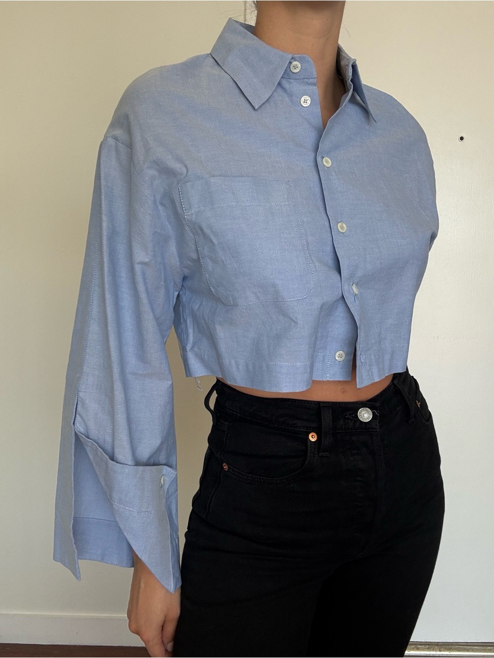 Zara Light Blue Cropped Button-Down Shirt